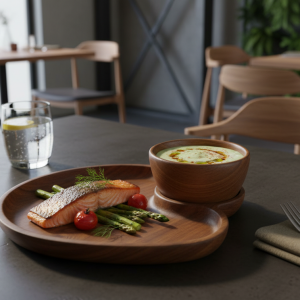Round wooden serving platter with a side bowl
