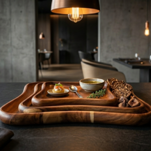 "Curvy Square" serving trays made of natural wood (set of 3 pieces)
